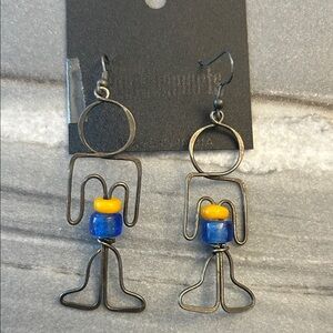 Pier 1 Imports Unique Wire Figure Earrings with Blue and Yellow Beads